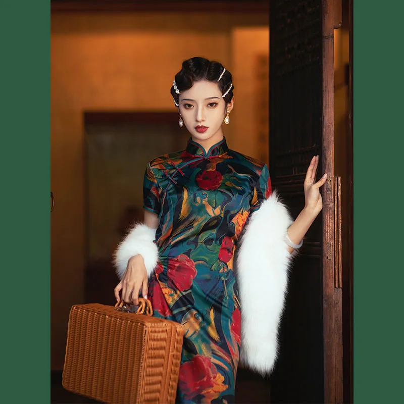 Chinese Traditional Qipao Dress Women Modern 2023 Green Print