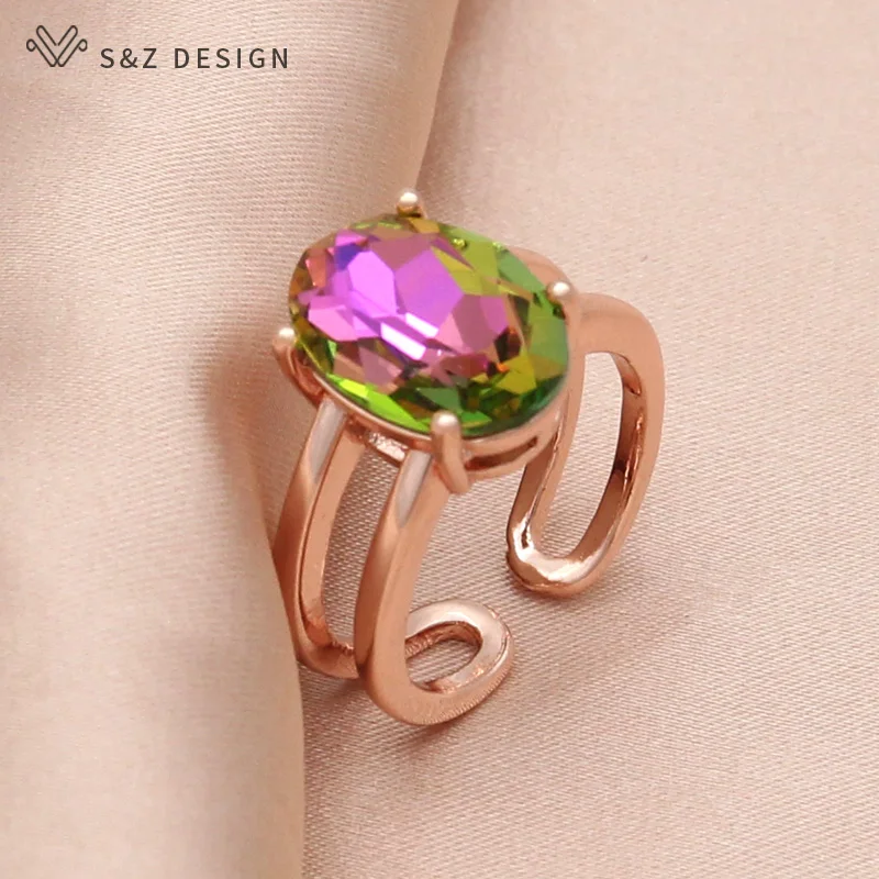S&Z DESIGN New Fashion Egg Shape Oval Crystal Rings For Women Wedding 585 Rose Gold Color Jewelry Fine Adjustable Gift