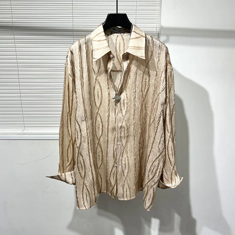 

SuperAen Original Design Fashion Retro Pleated Stripe Patchwork Loose Lapel Ruffled Shirt for Women