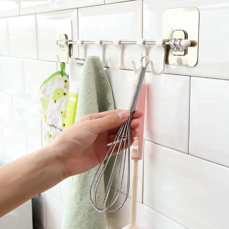 Stainless Steel Wall Hanging Rod 6 Hook Self-adhesive Wall Rack Bathroom Kitchen Rack Storage Free Punching and Strong Suction kitchen storage rack kitchen organizer wall mounted hook rack