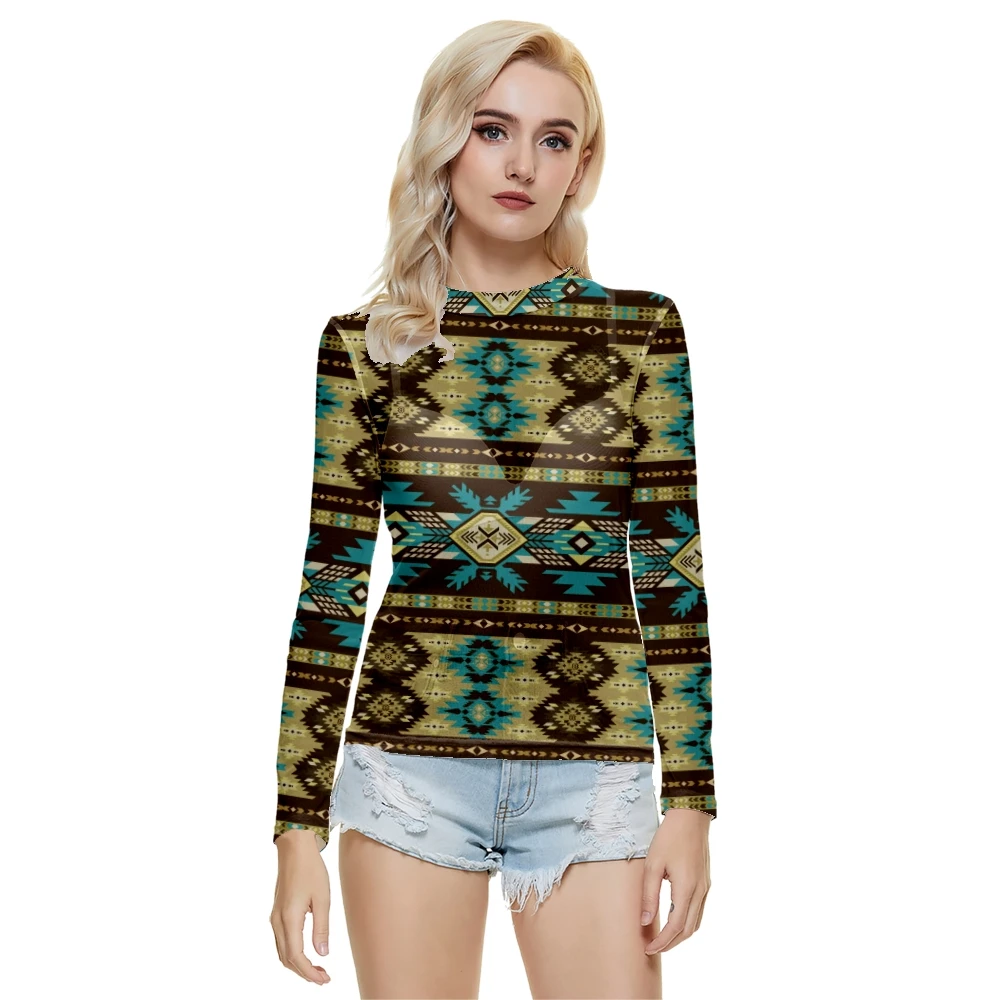 

Women Fashion Ethnic Style Stitching Printed Sexy Net Gauze Perspective Long-sleeved O-neck T-shirt Summer Casual Long sleeved