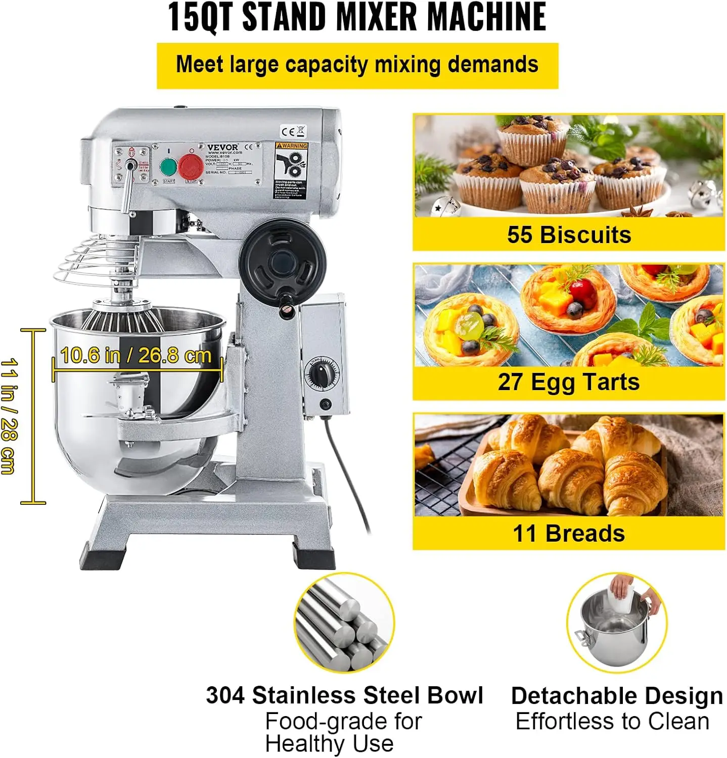 Commercial Stand Mixer, 15Qt Stainless Steel Bowl, 500W Heavy Duty Electric Food Mixer with 3 Speeds Adjustable 113/184/34 3