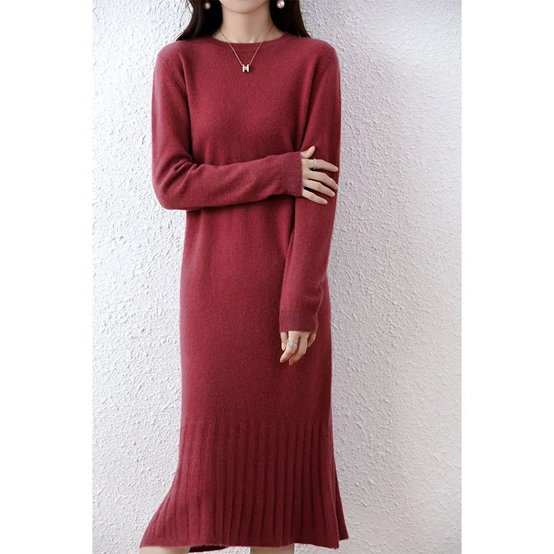 

Горячая Распродажа 100% шерстяное платье-свитер для женщин зимние/осенние женские платья с круглым вырезом длинный стиль Вязаный Пуловер Женская одежда