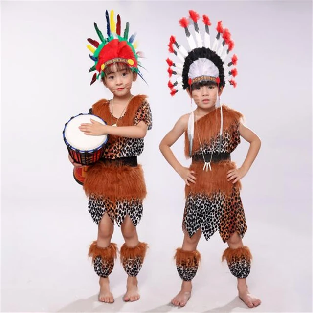 2022 Halloween Savage Kids Tribal Primitive Clothing Aboriginal Caveman  Carnival Leopard Boys Girls Croods Party Cosplay Costume