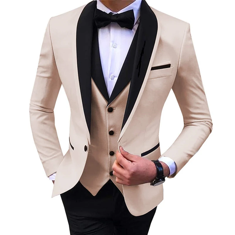 Men Business 3 Pcs Suits Set Coat Trousers Male Slim Wedding Groomsmen Colorblock Blazers Jacket Pants Vest