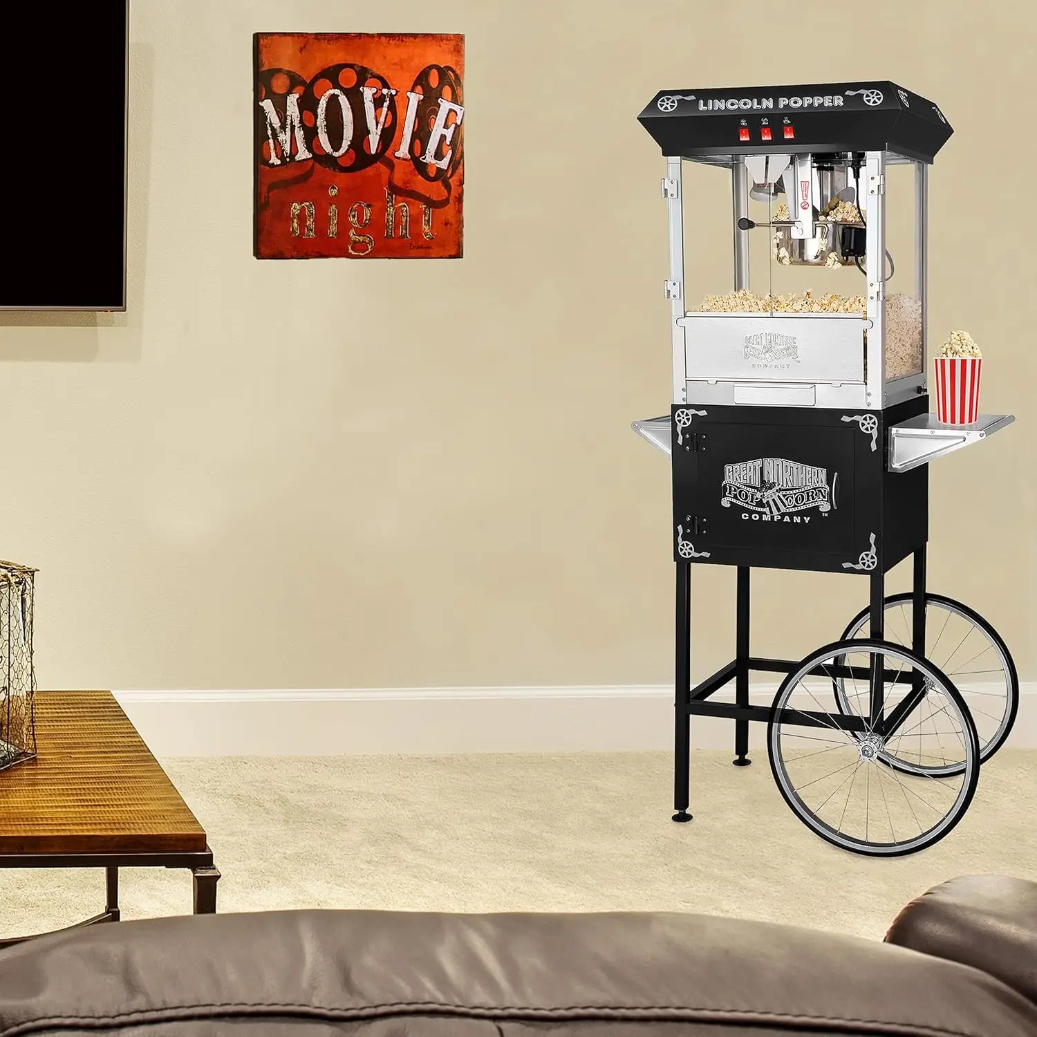 Popcorn Machine with Cart - 8oz Popper with Stainless-Steel Kettle, Warming Light, a(Black) 5