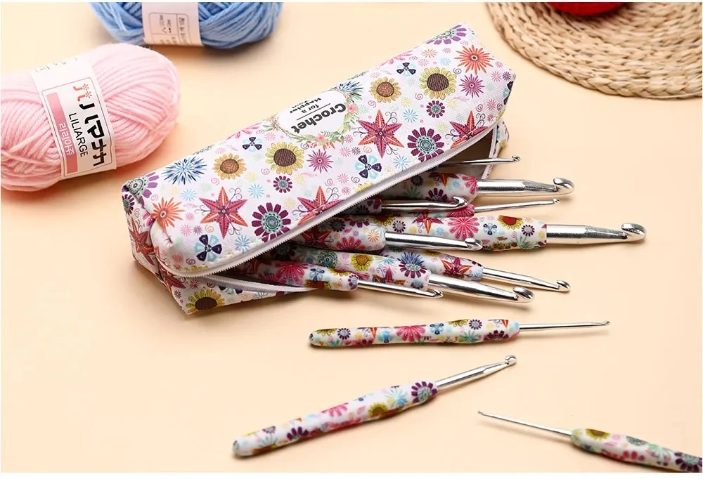 Description Picture 5 of itemNew 14Pcs Sunflower Crochet Hooks Kit Cashew Flower Aluminum Crochet Needles With Bag Ergonomic Knitting Croche Set 2.25-10.0MM