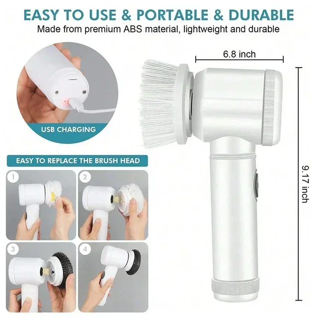 5 in1 Electric Spin Scrubber, Spin Scrubber with 5 Replaceable Brush Heads Bathroom Cleaning Brush,Power Electric Cleaning Brush 3