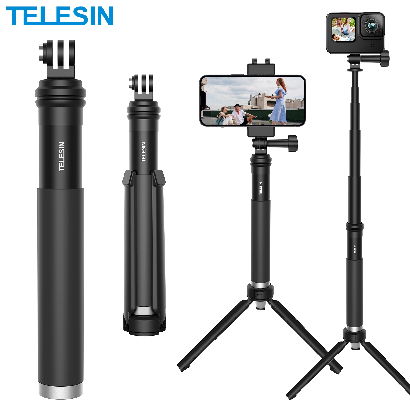 3-Way Arm Tripod Monopod Selfie Stick Phone GoPro 9 8 Hero 7 6 5 4 Action  Camera