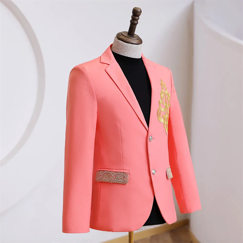 High Quality Men Suit Jacket Pink Single Breasted Chic Stage Prom Host Wedding Dress Costume Embroidery Banquet Male Blazer Coat