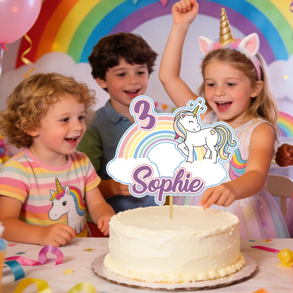Personalisierter Geburtstagstorten-Aufsatz mit individuellem Namen, Party-Regenbogen-Einhorn-Muster, Kuchendekoration, Obst-Dessert-Spieße, Partyzubehör – Detail 5