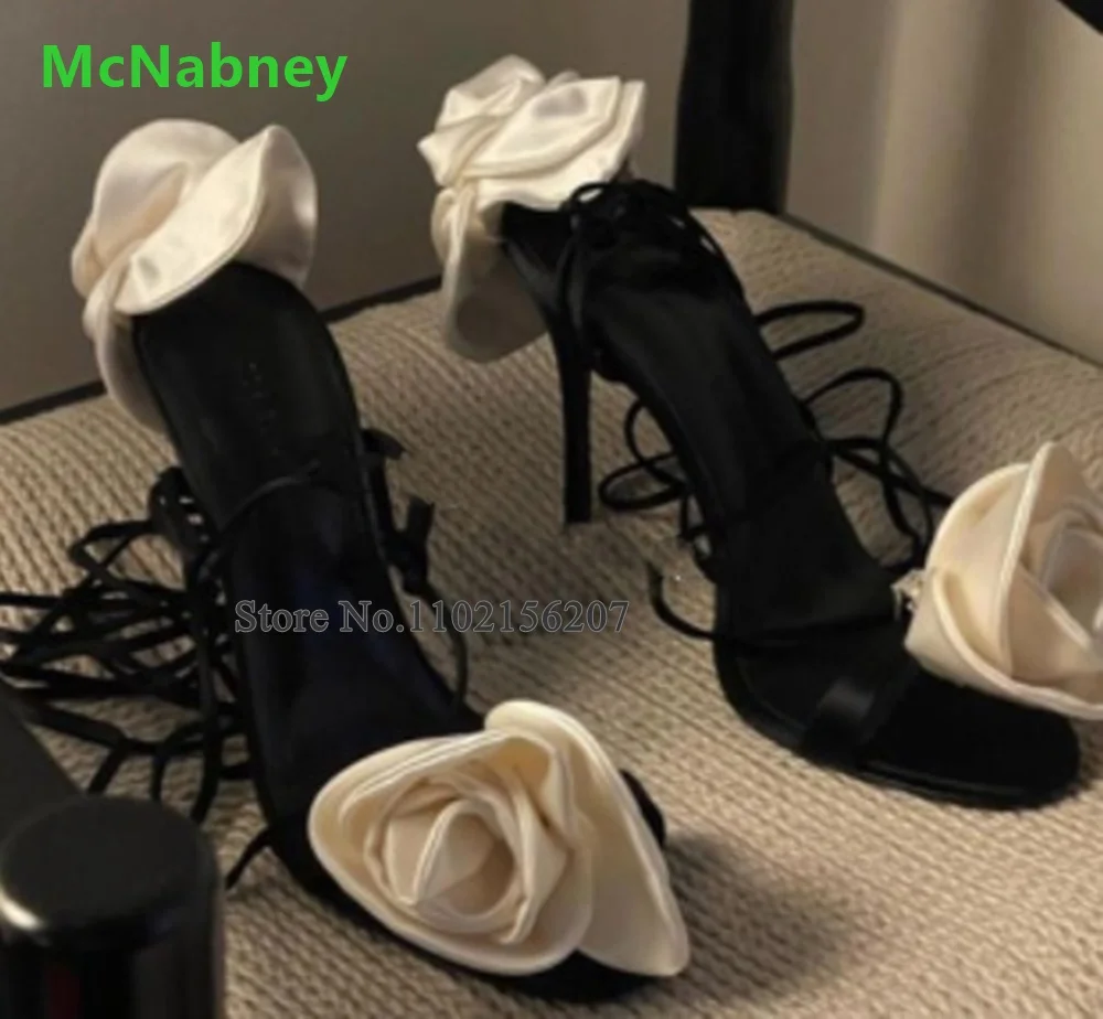 

Rose Design Ankle Lace-up Luxury Sandals For Female Women 2024 Round Toe Thin High Heel Sexy Elagant Shallow Fashion Party Shoes