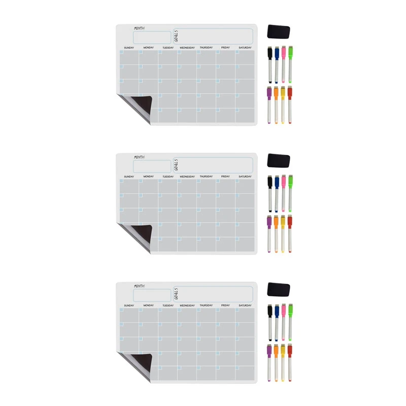 3X A3 Magnetic Whiteboard Dry Erase Calendar Set Whiteboard Weekly Planner For Refrigerator Fridge Kitchen 17X12 Inch