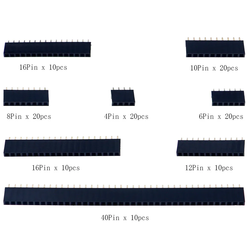 일자형 PCB 보드 암핀 헤더 소켓 모음 키트, 4P, 6P, 8P, 10P, 12P, 16P, 20P, 40 핀, 2.54mm 피치, 120 개