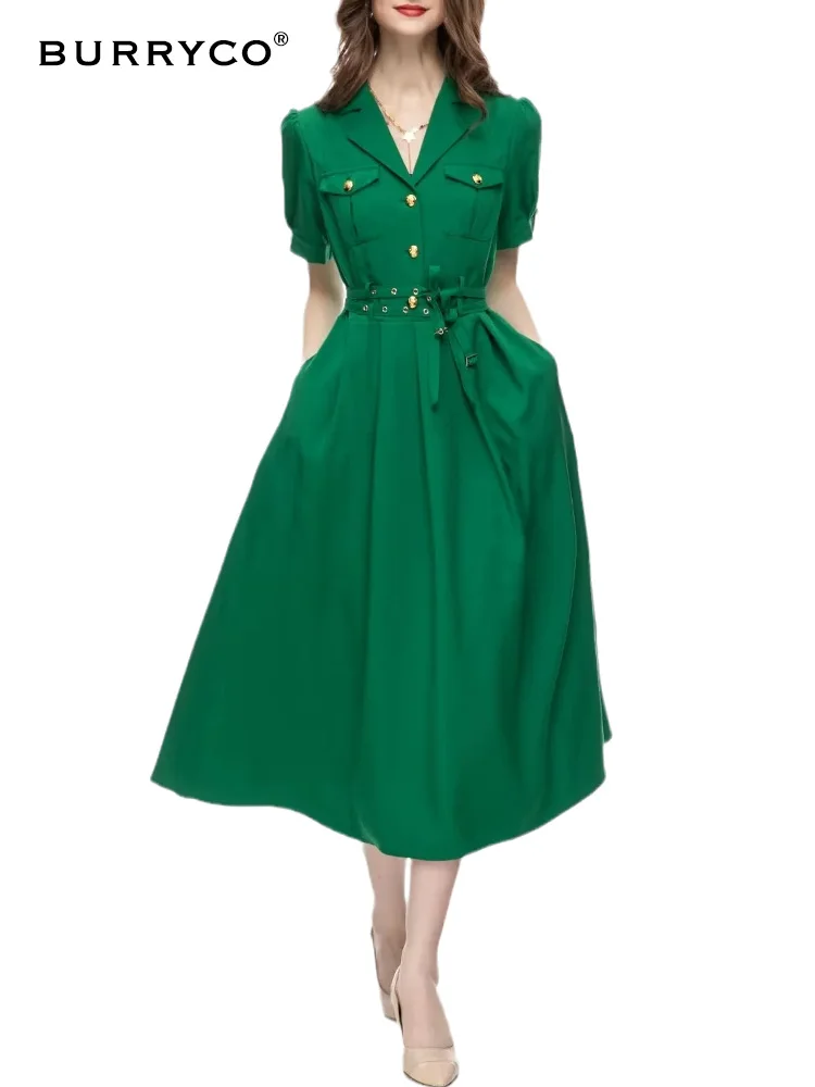 

BURRYCO Summer 2023 Women's Commuter European New Suit Collar Fashion Belt Button Waist Slim Dress