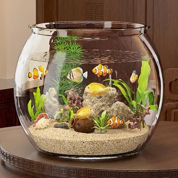 Transparent Round Ornamental Fish Tank Portable Goldfishes Small Fish Bowl Pet PET Lightweight Desk Aquarium Home Decoration