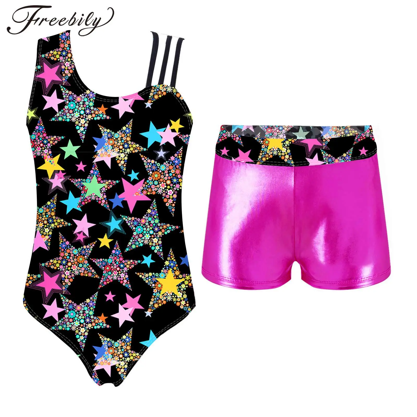 

Kids Girls Ballet Dance Leotard and Shorts Set Gymnastics Dancewear 2 Pieces Dance Outfits Metallic Performance Dance Costumes