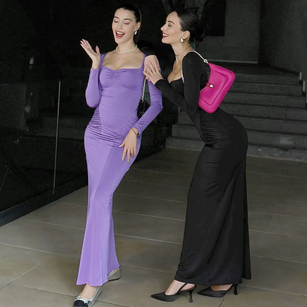 2025 Elegant Long Sleeve Party Dresses Sexy High Waist Slim Fit Women's Evening Dress Fashion Solid Color Pleated Long Dresses