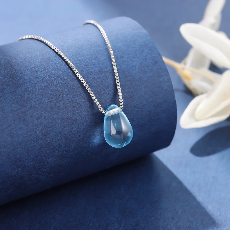 Blue Crystal 925 Sterling Silver Water Drop Pendant