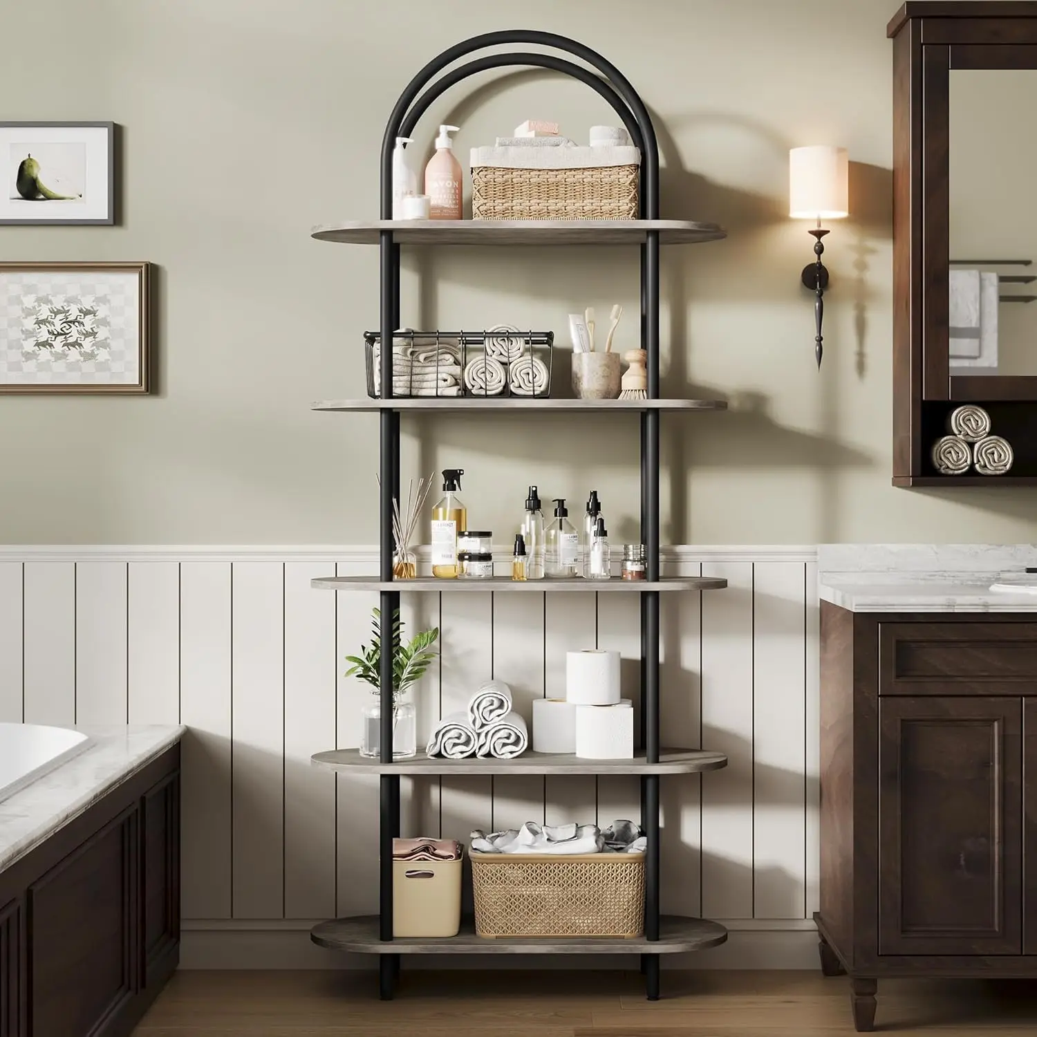 5-stufiges gewölbtes Bücherregal, 180 cm hohes industrielles offenes Bücherregal, Bücherregal aus Holz mit Metallrahmen für Schlafzimmer, Wohnzimmer, Heimbüro – Detail 18