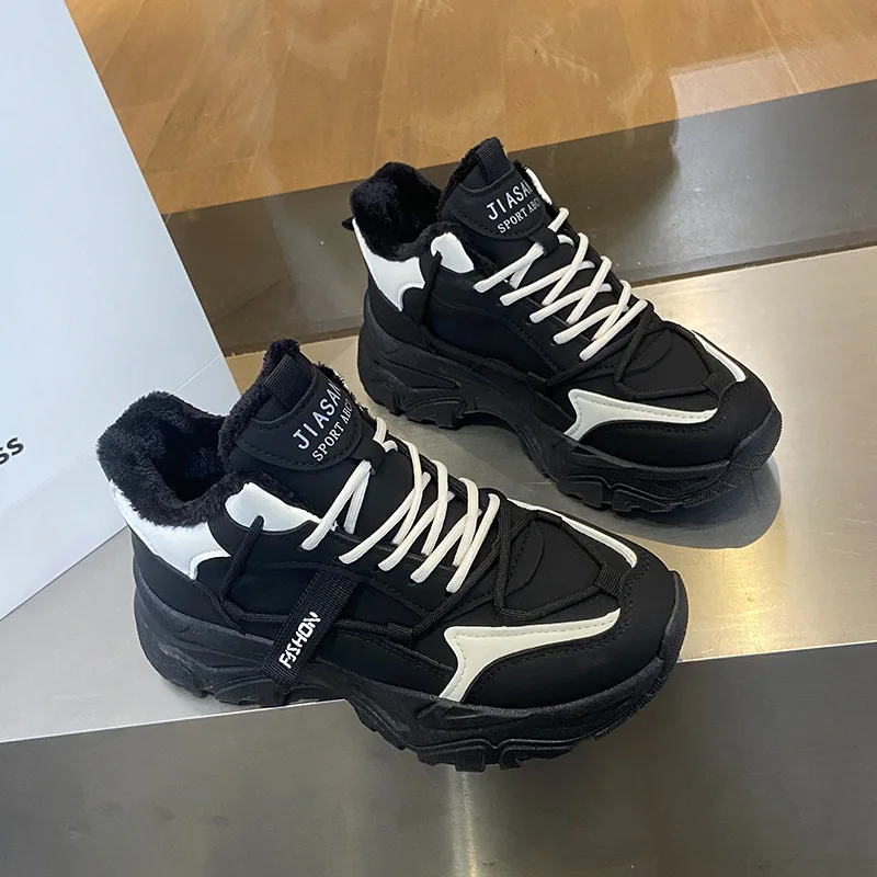 Winter Plus Velvet Dad Shoes for Women's Korean Version Warm High-top Lace Up Sneakers Ladies Casual White Cotton Shoes