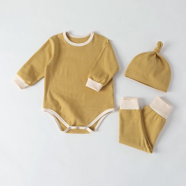 Romper Set Spring Stripe Pattern Long Sleeve Triangle Jumpsuit Trousers Hat Three-piece Suit Autumn Winter Kid Clothes Girl