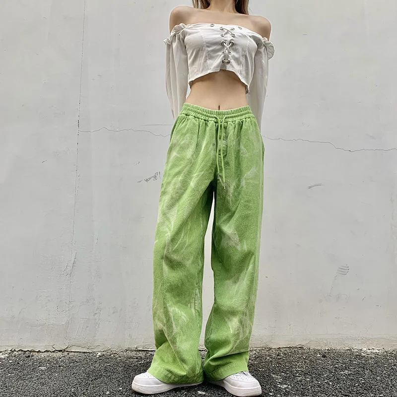 dress pants Y2K Green Corduroy Casual Streetwear Pants Women's Spring Harajuku Style High Waist Loose Straight Drawing Wide Leg Pants work trousers