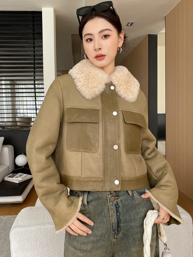 

High Waist Zipper Cropped Real Fur Coat for Women 2023 New Luxury Merino Fur Warm Lapel LambWool Winter Motorcycle Jacket