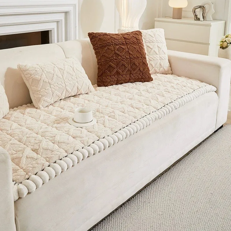 Solid Color Thicken Plush Sofa Cover Simple Furniture Protector Universal Non-slip Washable Couch Blanket for Living Room 5