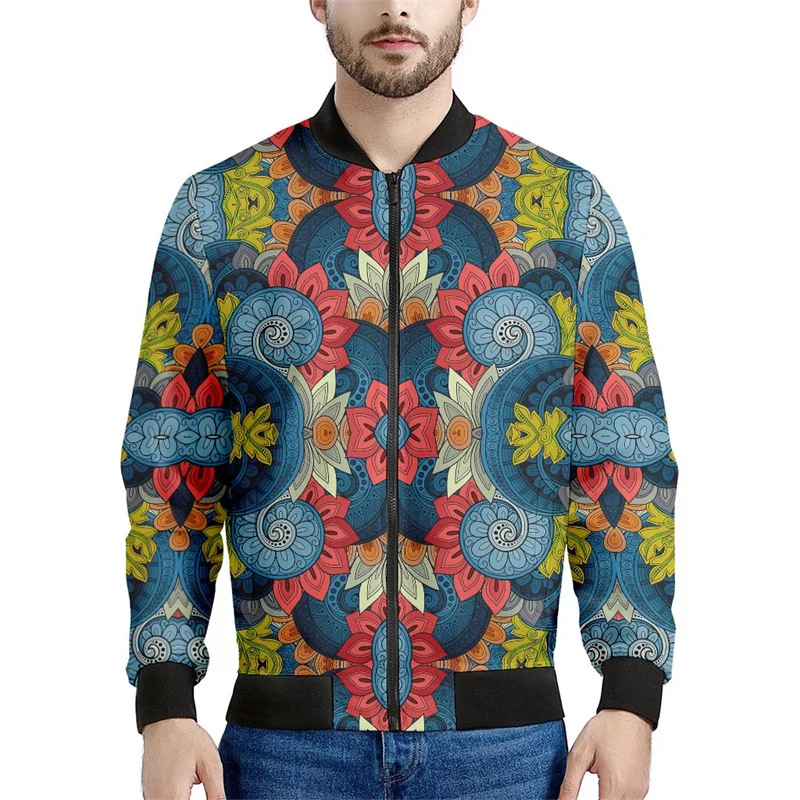 thumbnail image 1 of Chaqueta con estampado 3D de mandala bohemio para hombre, sudadera con estampado floral de primavera y otoño, abrigos de manga larga con cremallera y estilo aviador, 1 of 5