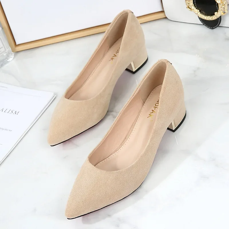 Big Size 34-43 Women Suede Leather Shoes 3.5CM High Heels Ladies Dress Work Shoes Slip On Pumps Woman Square Heels Wedding Shoes