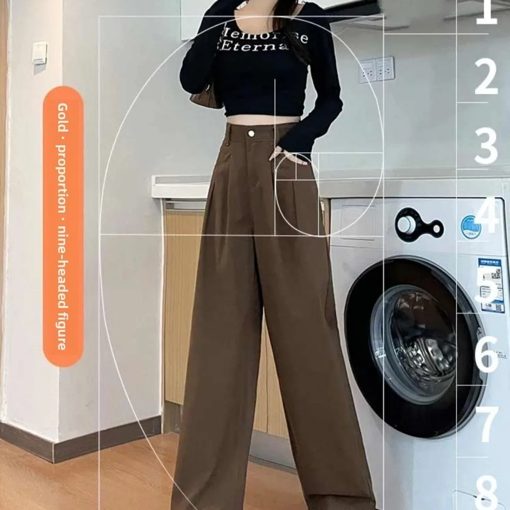 Fashion Baggy Korean Long Pants Straight Leg High Waist Wide Leg Trousers Ins Style Loose Coffee Suit Pants Spring and Autumn