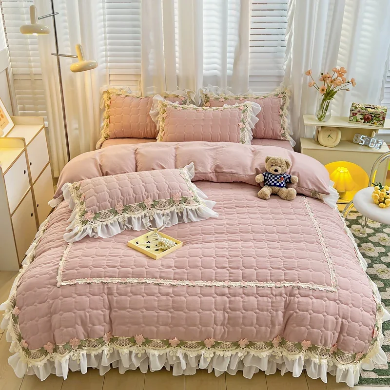 Pink Korean Princess Style Bedding Set Flowers Lace Ruffles Embroidery Quilted Thick Duvet Cover Bedspread Bed Skirt Pillowcases