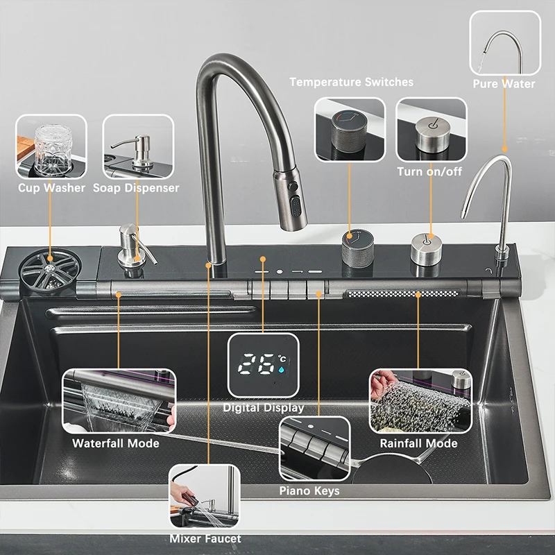 304 Stainless Steel  Multifunctional Kitchen Sink Faucet Set Rainfall Spout Pull Out Sprayer Pure Tap Cold Hot Water Mixer 6