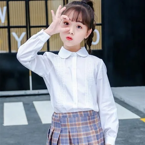 new summer spring lace cotton solid White baby kids girls Blouse white shirts with Short sleeves for children girls