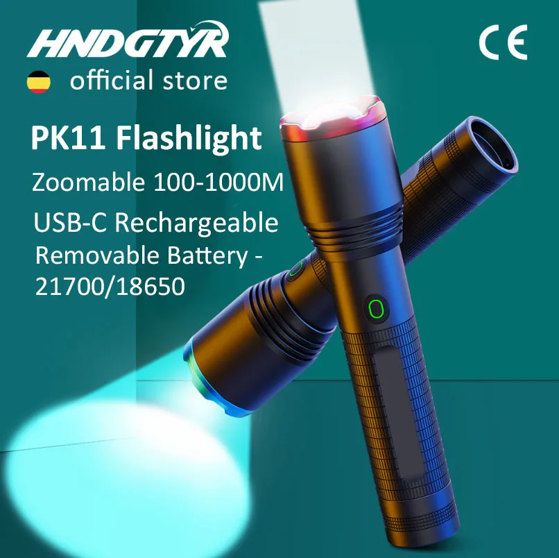PK11 Ultra Powerful Flashlight LED Zoomable Torch USBC Rechargeable