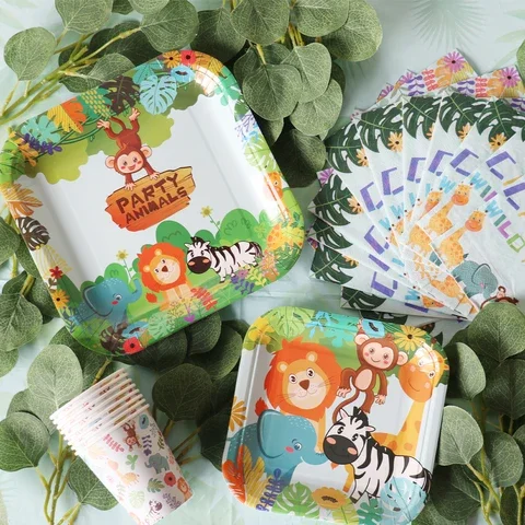 

Woodland Jungle Animals Disposable Tableware Safari Birthday Party Decoration Kids Jungle Themed Party 1st Birthday Baby Shower