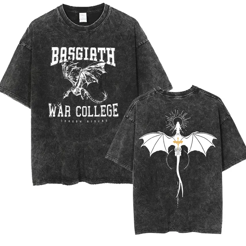 Basgiath War College Vintage Washed  T Shirts Fourth Wing Dragon Rider Print Short Sleeve T-shirt Men's Fashion Oversized Tshirt