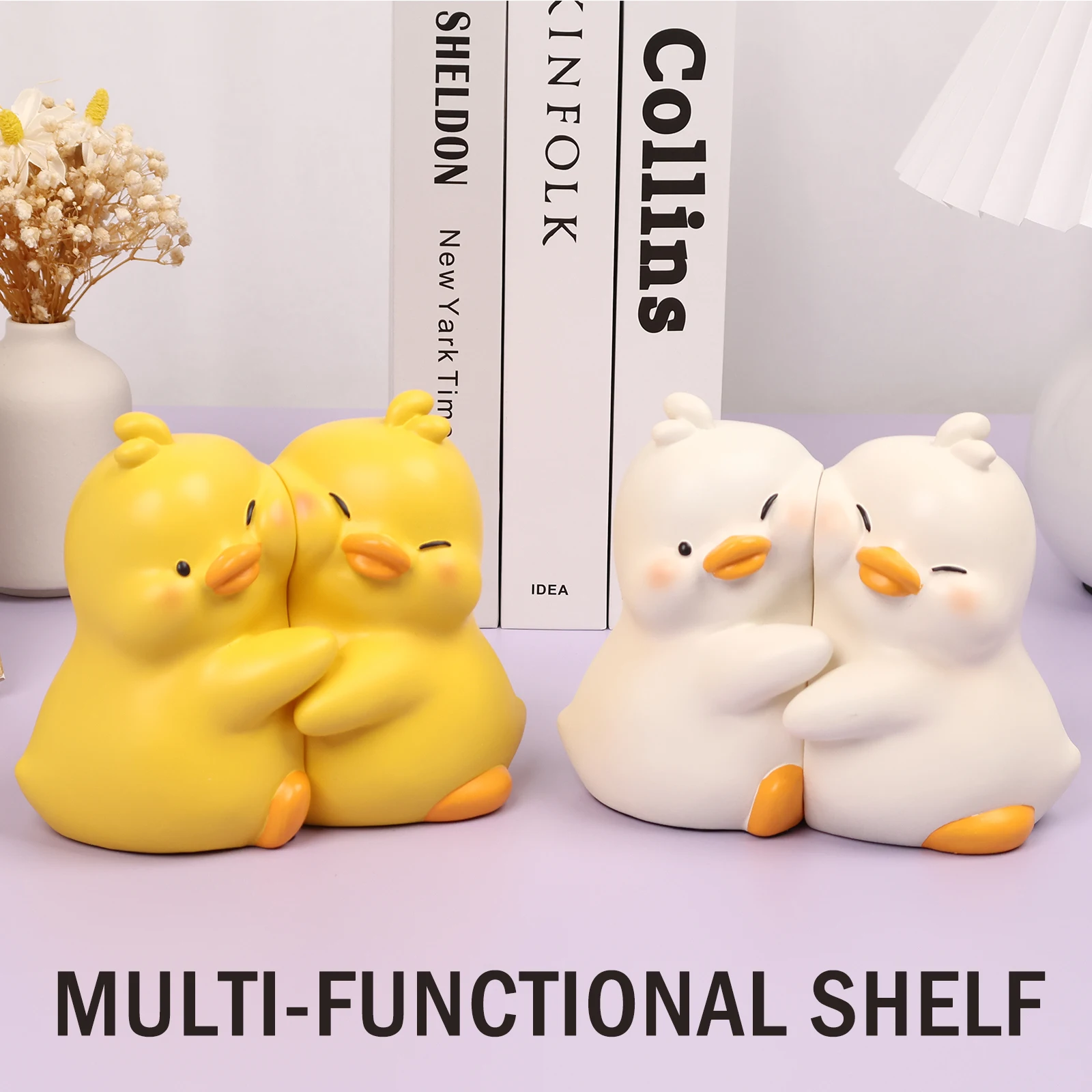 

Hug Duck Bookends Resin Bookshelf Stopper Cute Cartoon Duck Hug Book Holders Decor Anti-Slip Duck Animal Bookends Decorative