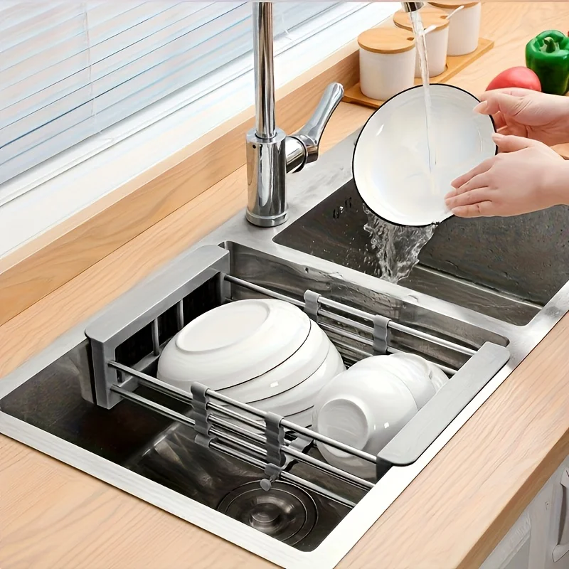 Kitchen Sink Drain Rack Retractable Stainless Steel Drain Basket Over The Sink Dish Drying Rack Multifunctional Accessories