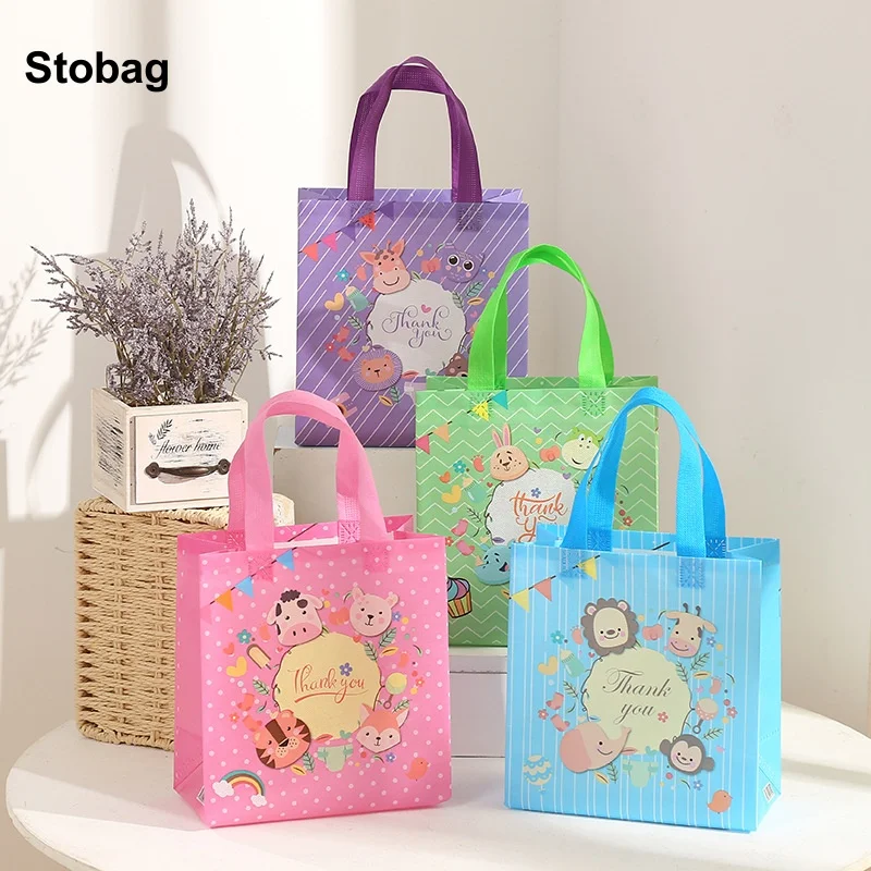 

StoBag 12pcs Cartoon Non-woven Tote Bags Fabric Gift Package Child Kids Birthday Waterproof Storage Reusable Pouch Party Favors