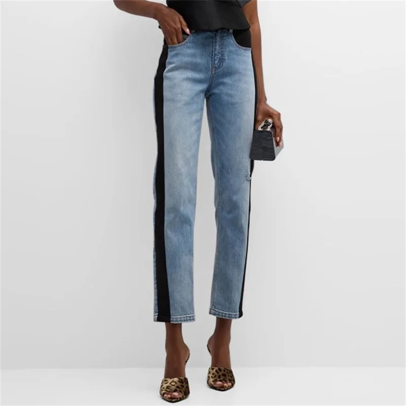 

Women's pants 2024 Spring New contrasting color patchwork Women's Jeans Belt decorated pure cotton straight leg pants trousers