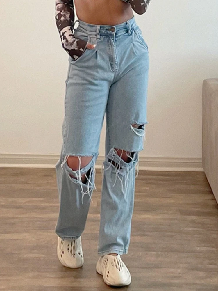 

New Women's Pants 2023 Fashion Casual Loose High Waisted Wide Leg Pockets Vintage Crop Hot Ripped Women Jeans with Free Shipping