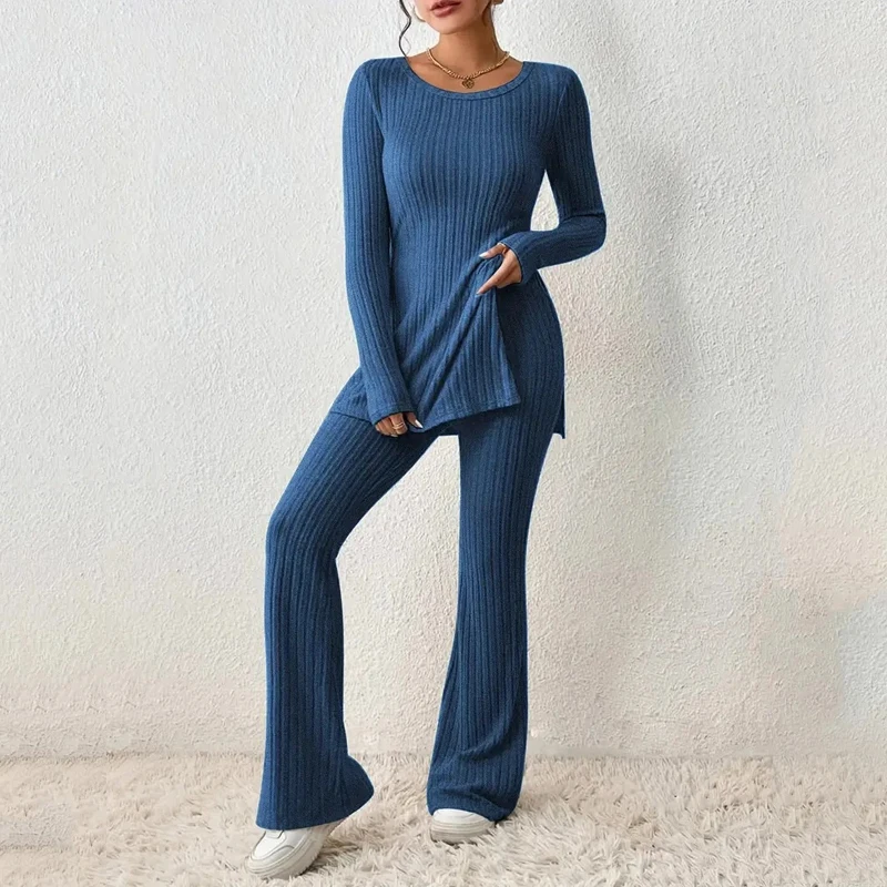

2023 Casual Long Pants New Slim Fit Women Blouse 2 Two Piece Sets O Neck Fashion Simple Long Sleeve Womens Outfits Clothes 30518