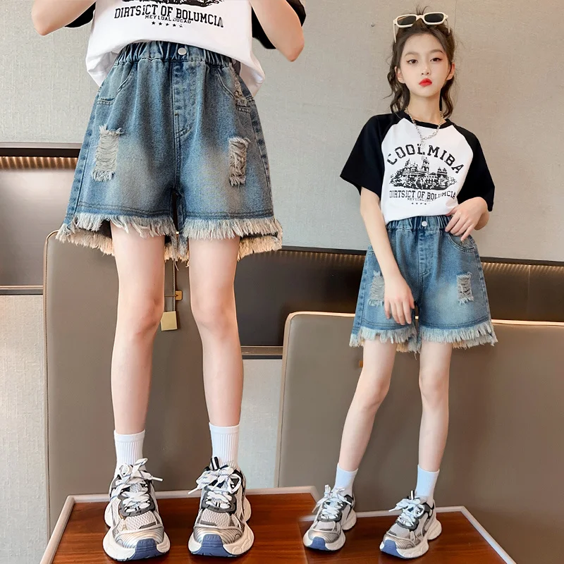핫세일 키즈 한국 스타일 데미지 데님 반바지, 태슬 장식, 십대 소녀용, 신축성 허리밴드, 스트레이트 레그 미니 청바지, 어린이 여름 반바지