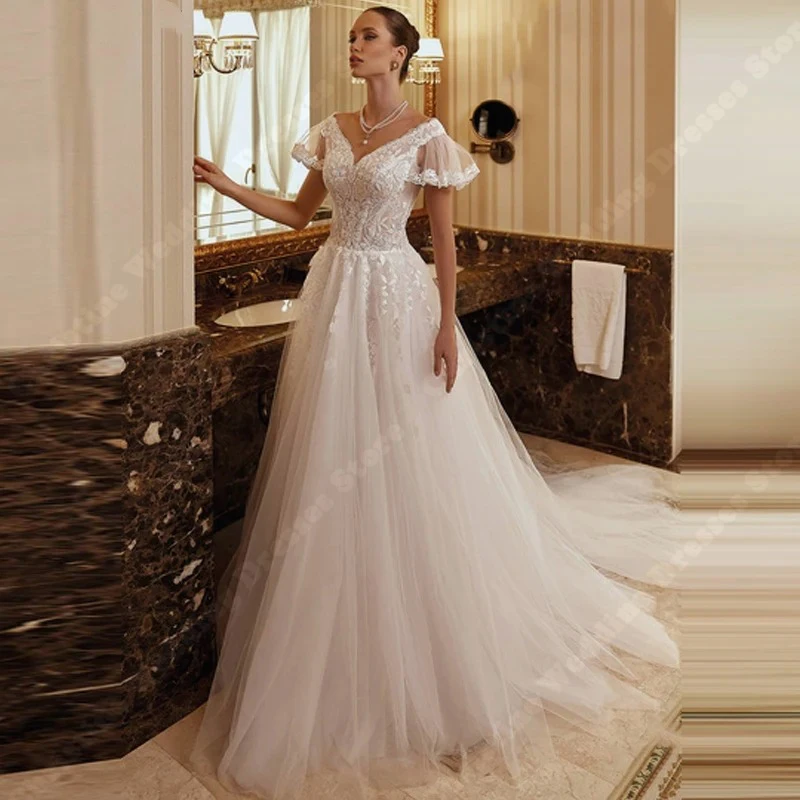 

Short Sleeves Women Wedding Dresses A-Line Beach Bridal Wedding Gowns 2024 Deep V-Neck Mopping Length Bohemian Vestidos De Noche