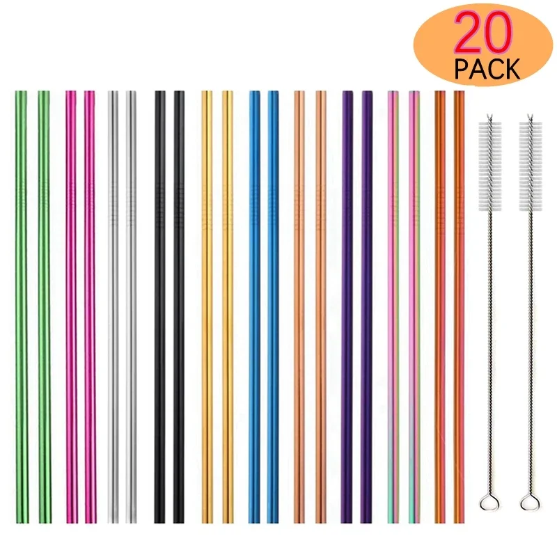 10 Colors Metal Drinking Straws 20Pcs Colorful Reusable 304 Stainless Steel Straws Set with 2 Brush for Bar Drinkware