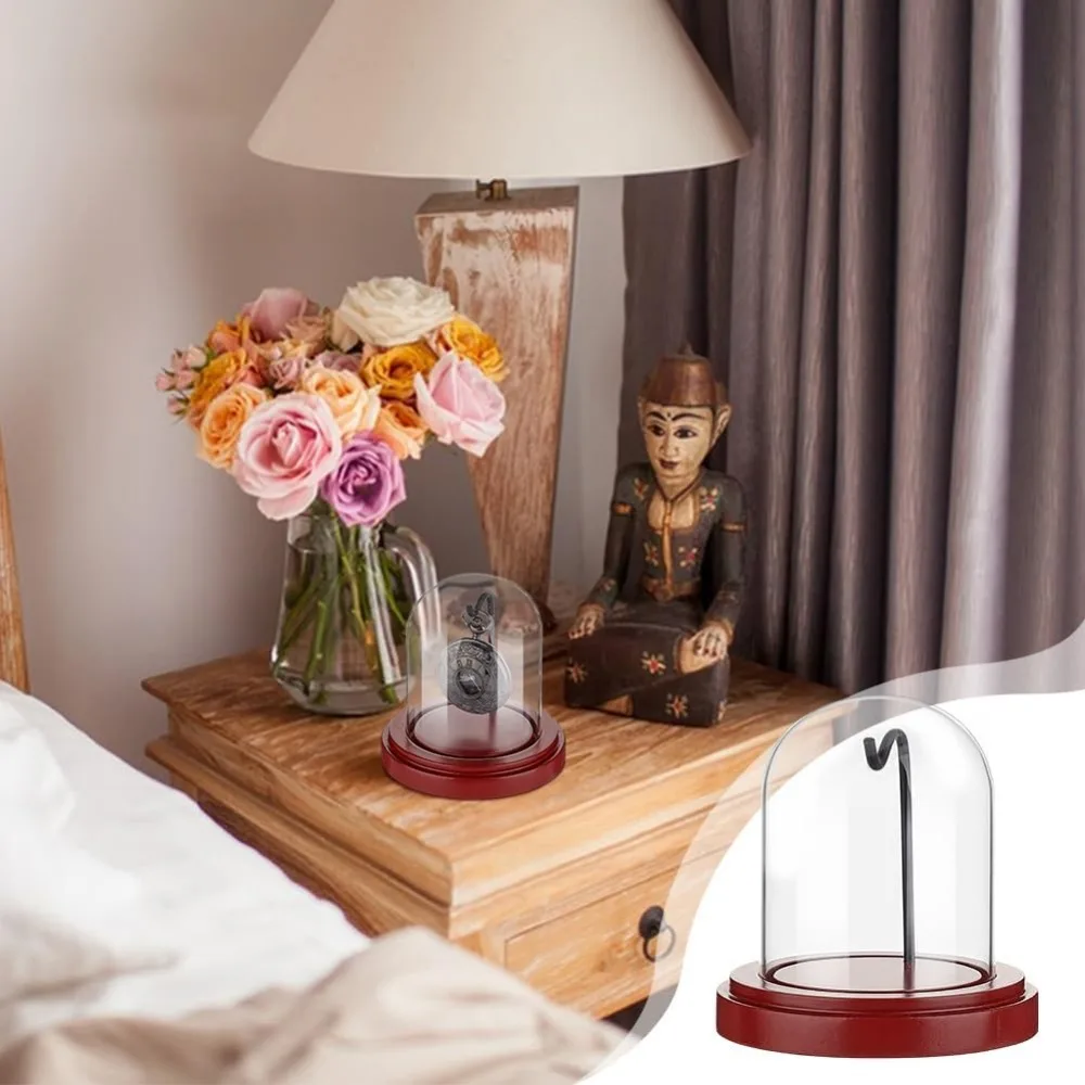 Watch Box 3 x 4 inch Pocket Watch Display Case Glass Watch Dome Cloche with Metal Hook Display Jar with Wood Base Glass Dome
