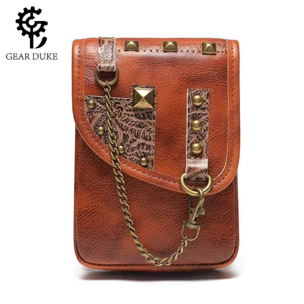 

GEAR DUKE Genuine Leather Phone Bag Chain Rivet Decoratived Medieval Steampunk Messenger Bag Brown Vintage Retro Punk Waist Bag