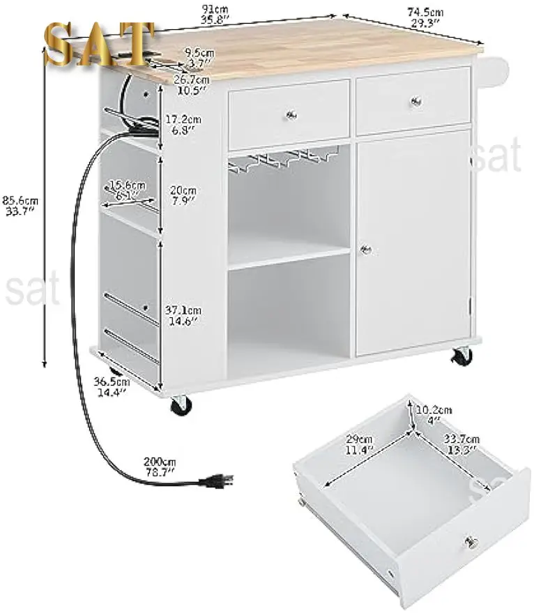 Kitchen Island with Power Outlet with Drop Leaf and Rubber Wood Tabletop, Kitchen Cart with Open Storage, Wine Rack and 5 Wheels